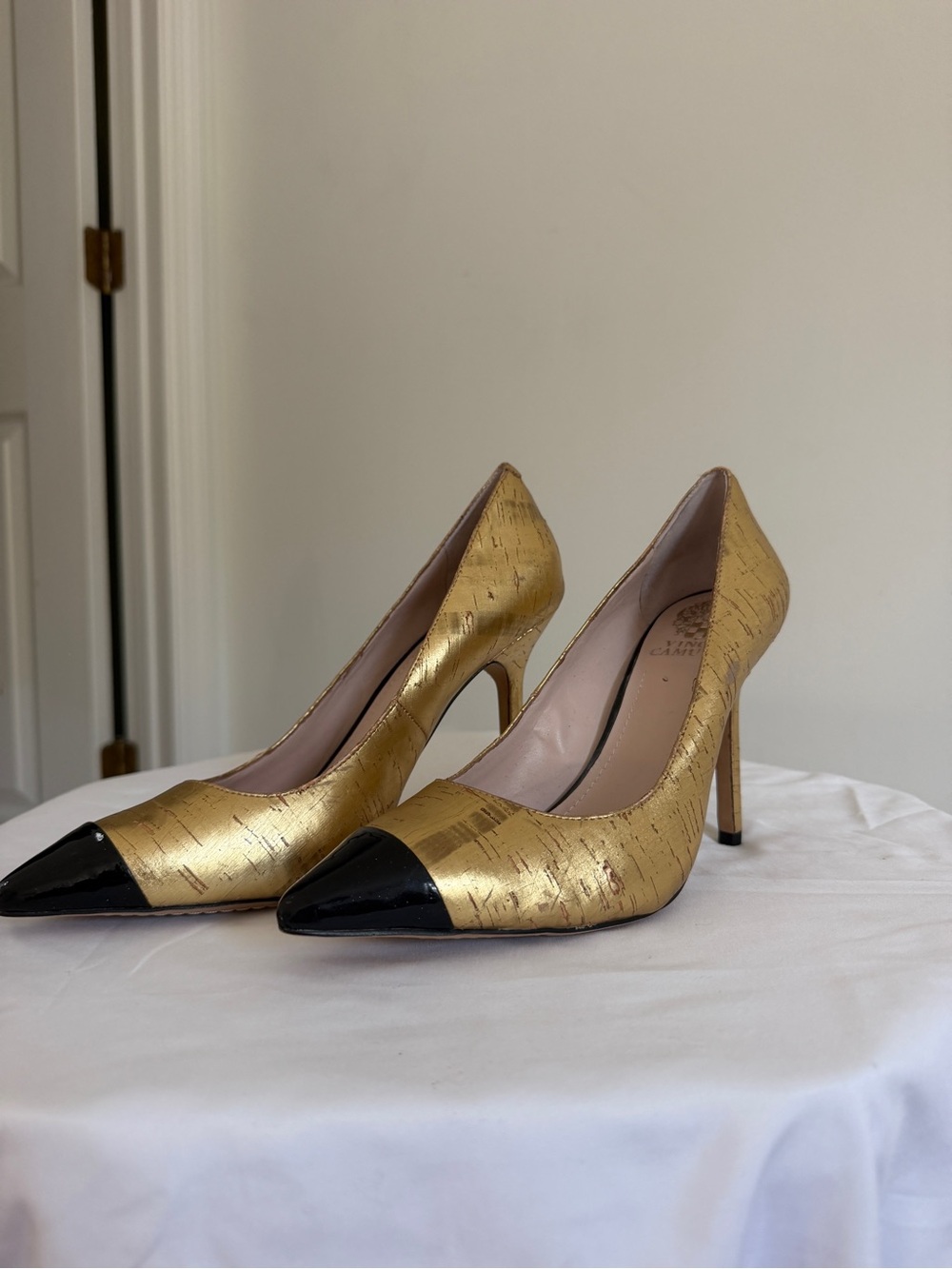 Gold and Black Pointed Toe High Heels